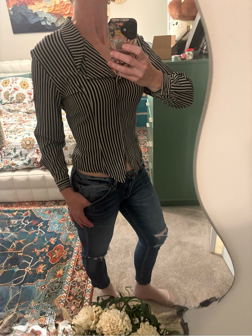 Casual Corner Black & White Striped Button-Down Shirt